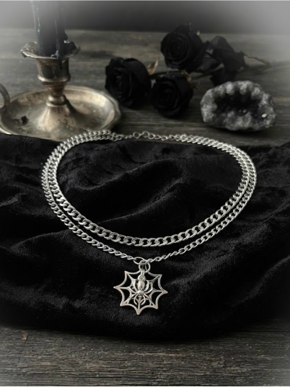 Hand Crafted Silver Spiderweb Double Chain Choker
